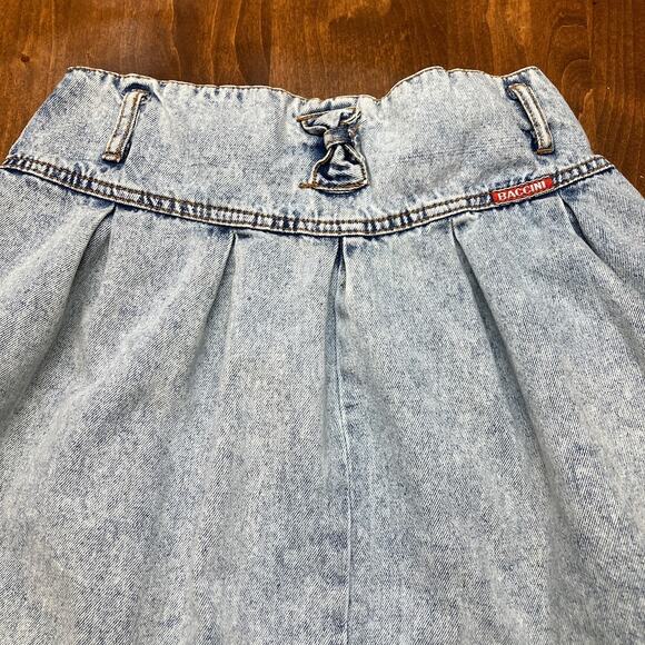 VTG Acid Wash Pleated Button Front Midi Denim Skirt Bow Detail Size 11/12 - Picture 13 of 16